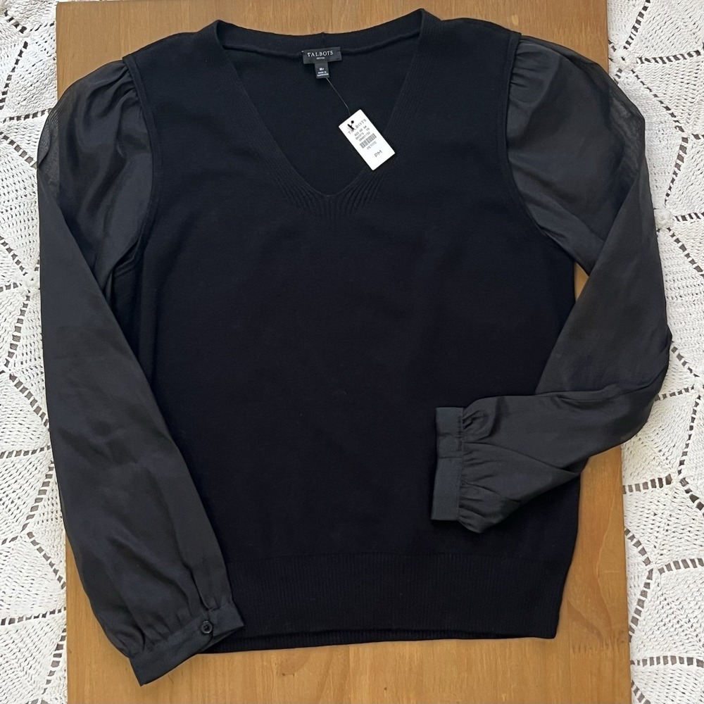 Talbots Petite Puff Sleeve Sweater Blouse Black V-Neck Mixed Media NWT PM Sheer